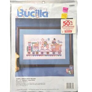 Bucilla Animal Circus Birth Record Stamped Cross Stitch Kit 40685 16" x 9" 1992